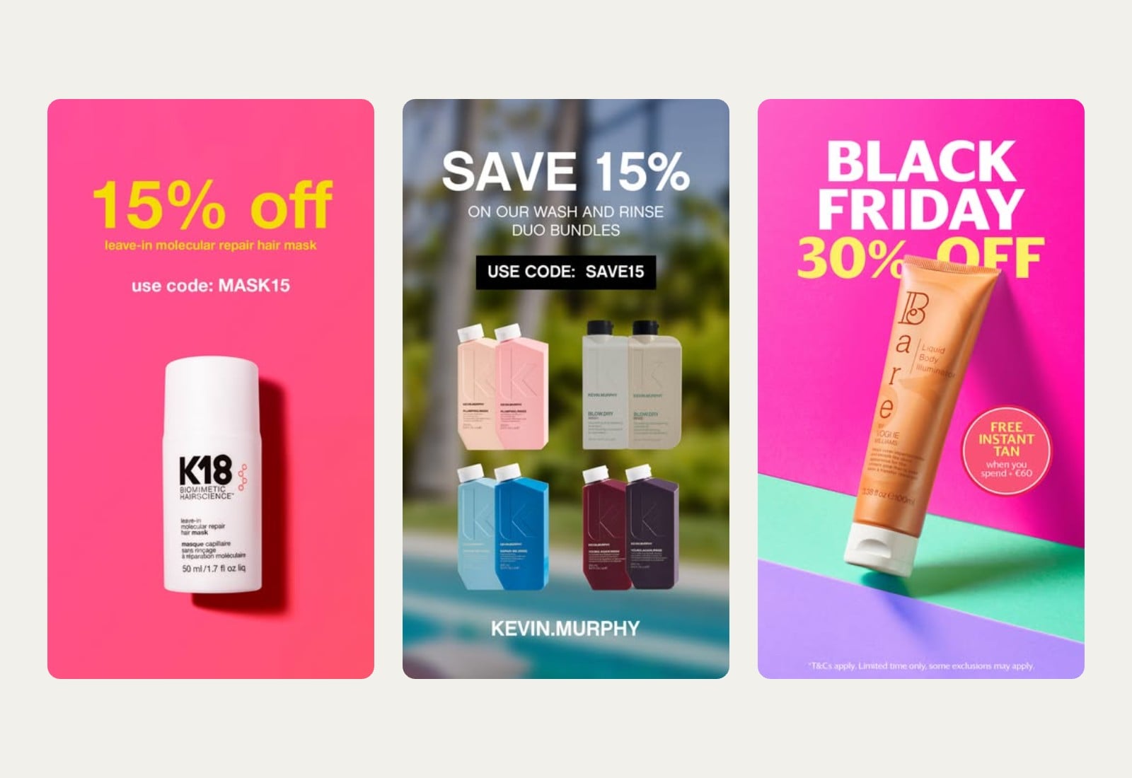 Meta ads for K18, KEVIN.MURPHY and Bare by Vogue, run by Vroom